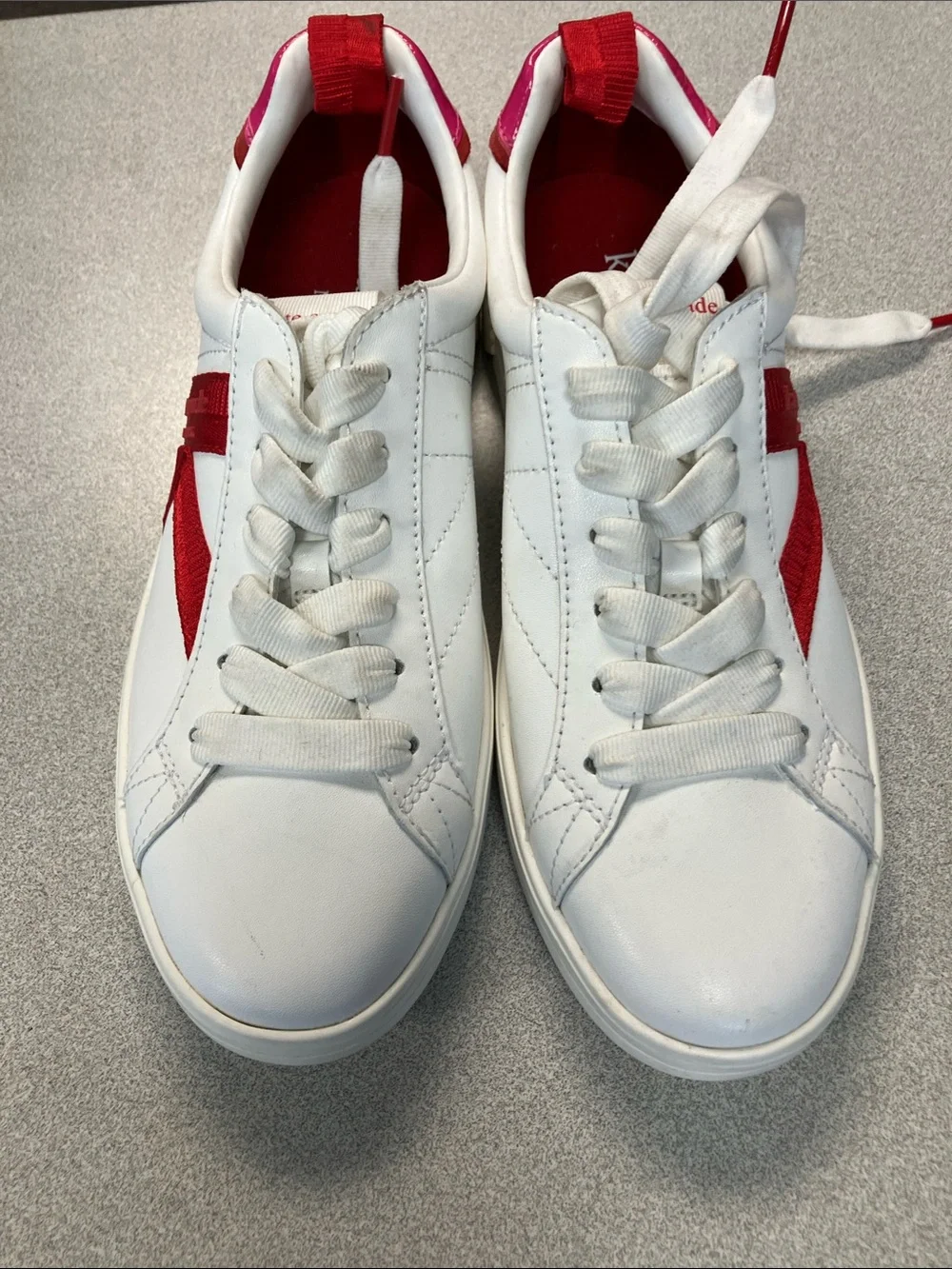kate spade White Leather Sneakers with Red Side Stripe and Pink Heel Tab